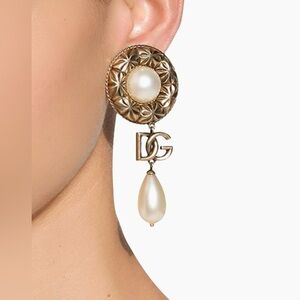 2026 $995 Dolce & Gabbana Gold Imitation Pearl Monogram Clip-On Drop Earrings
